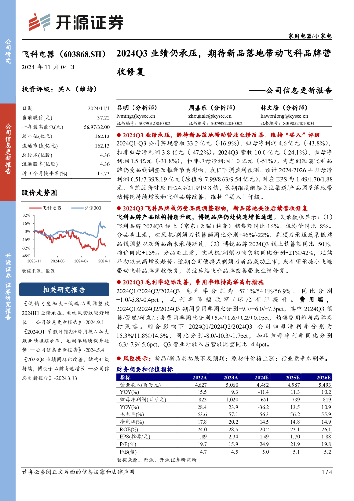 开源证券：飞科电器（603868）-公司信息更新报告：2024Q3业绩仍承压，期待新品落地带动飞科品牌营收修复
