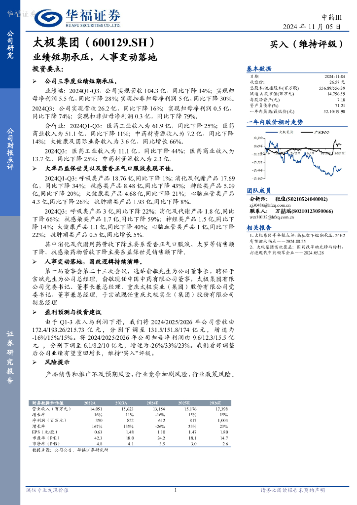 华福证券：太极集团（600129）-业绩短期承压，人事变动落地