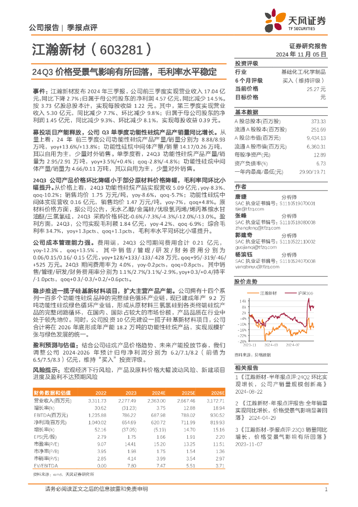 天风证券：江瀚新材（603281）-24Q3价格受景气影响有所回落，毛利率水平稳定