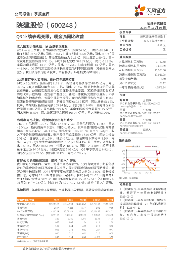 天风证券：陕建股份（600248）-Q3业绩表现亮眼，现金流同比改善