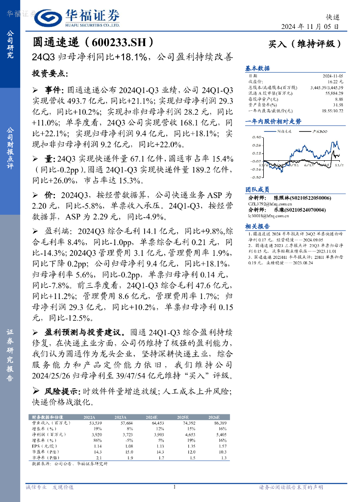 华福证券：圆通速递（600233）-24Q3归母净利同比+18.1%，公司盈利持续改善