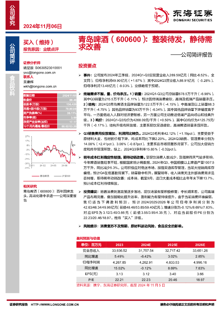 东海证券：青岛啤酒（600600）-公司简评报告：整装待发，静待需求改善