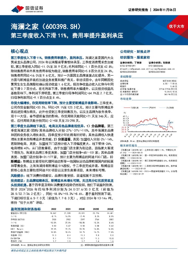 国信证券：海澜之家（600398）-第三季度收入下滑11%，费用率提升盈利承压