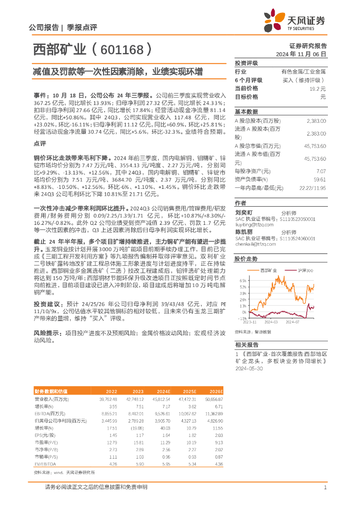 天风证券：西部矿业（601168）-减值及罚款等一次性因素消除，业绩实现环增