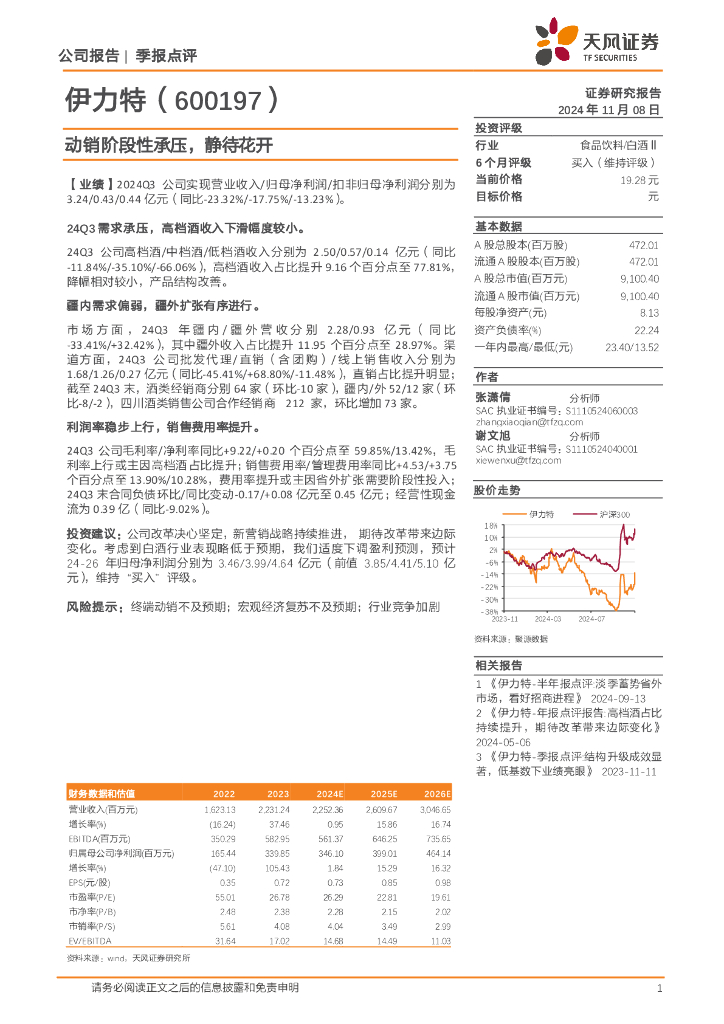 天风证券：伊力特（600197）-动销阶段性承压，静待花开