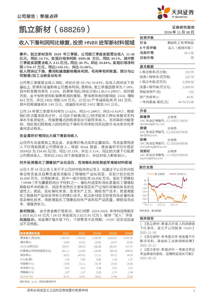 天风证券：凯立新材（688269）-收入下滑利润同比修复，投资HNBR进军新材料领域