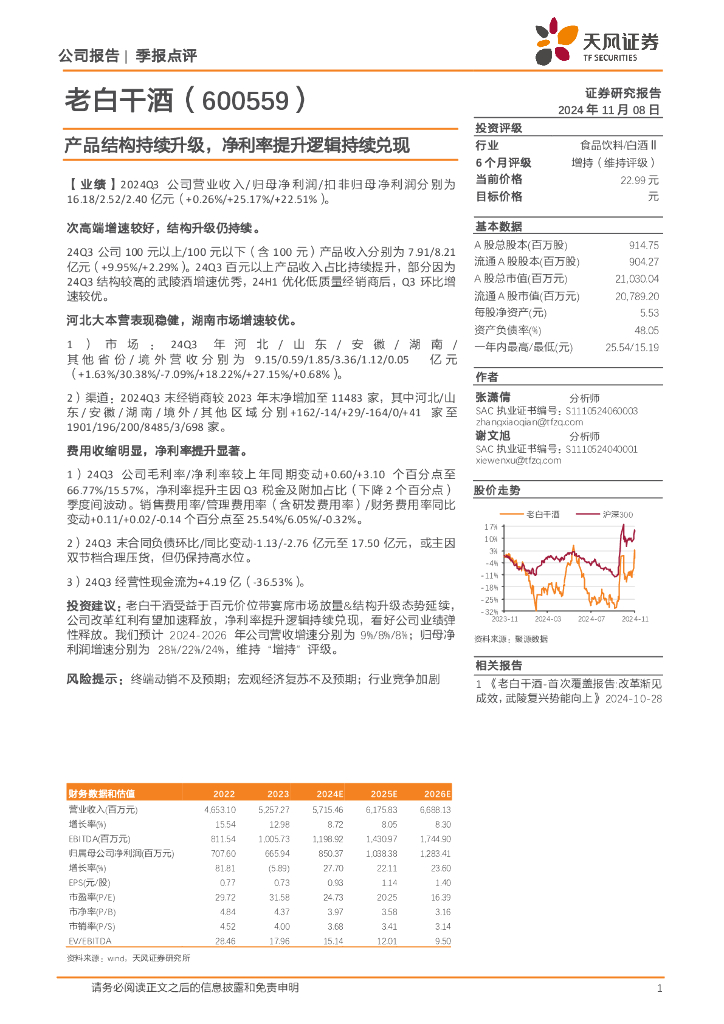 天风证券：老白干酒（600559）-产品结构持续升级，净利率提升逻辑持续兑现