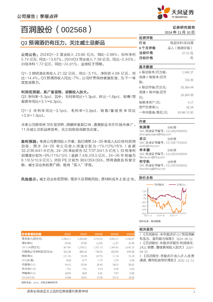 天风证券：百润股份（002568）-Q3预调酒仍有压力，关注威士忌新品