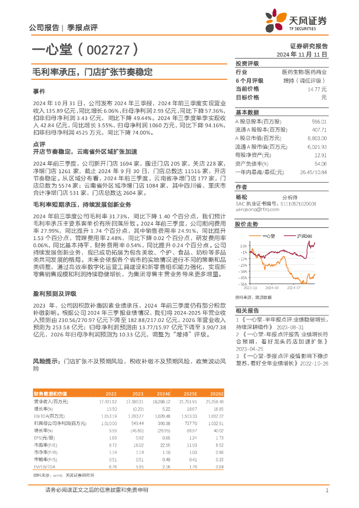 天风证券：一心堂（002727）-毛利率承压，门店扩张节奏稳定