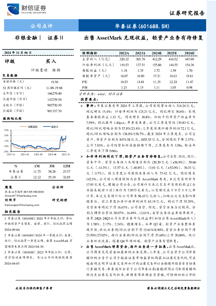 财信证券：华泰证券（601688）-出售AssetMark兑现收益，轻资产业务有待修复