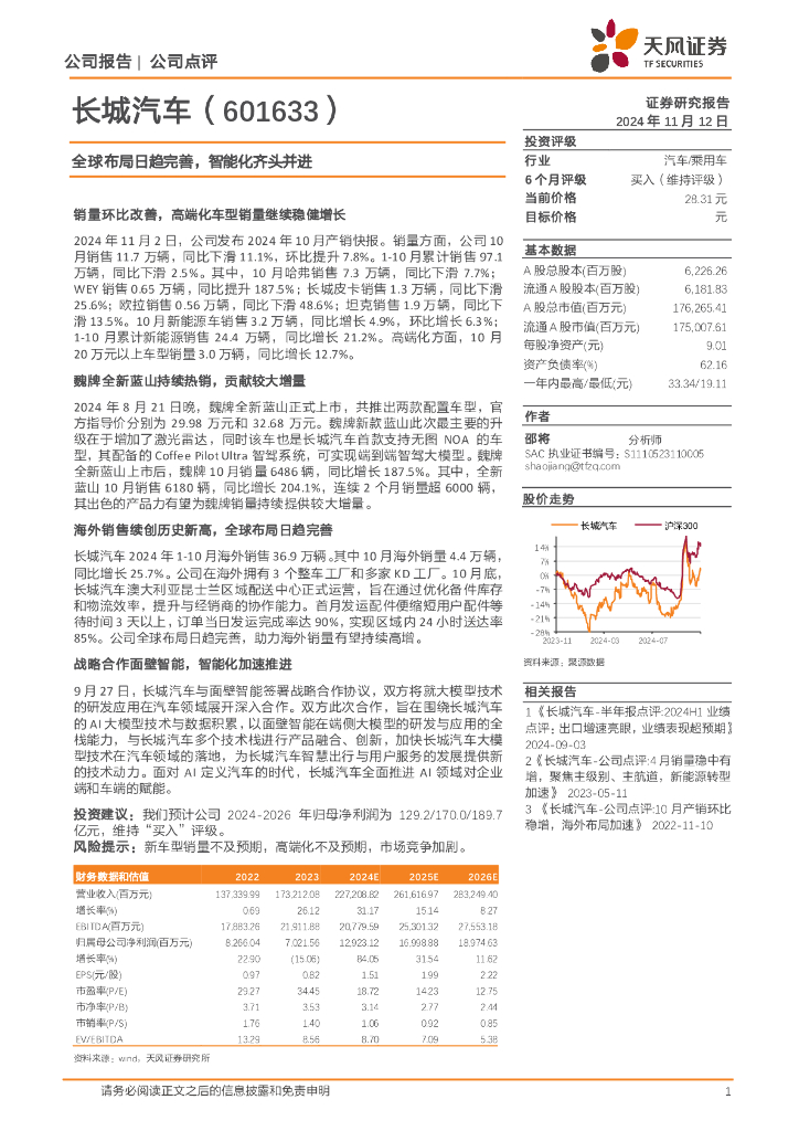 天风证券：长城汽车（601633）-全球布局日趋完善，智能化齐头并进
