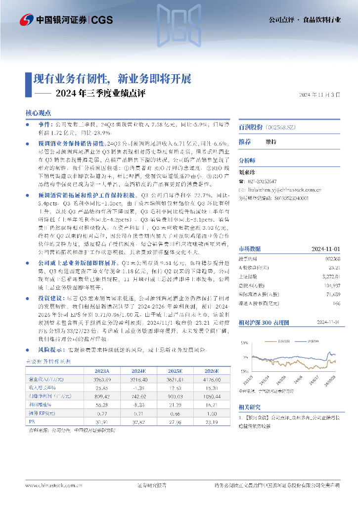中国银河：百润股份（002568）-2024年三季度业绩点评：现有业务有韧性，新业务即将开展