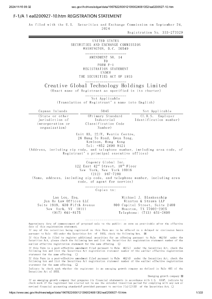 Creative Global Technology Holdings Limited美股纳斯达克IPO上市招股说明书