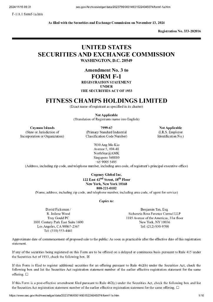 Fitness Champs Holdings Limited美股纳斯达克IPO上市招股说明书