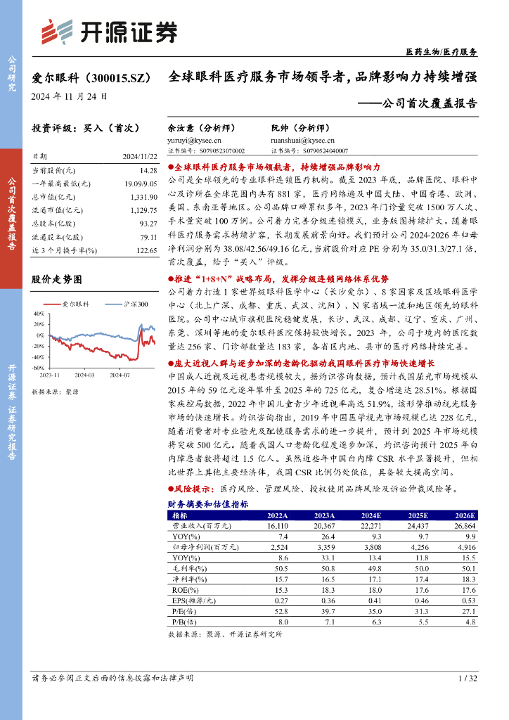 开源证券：爱尔眼科（300015）-公司首次覆盖报告：全球眼科医疗服务市场领导者，品牌影响力持续增强
