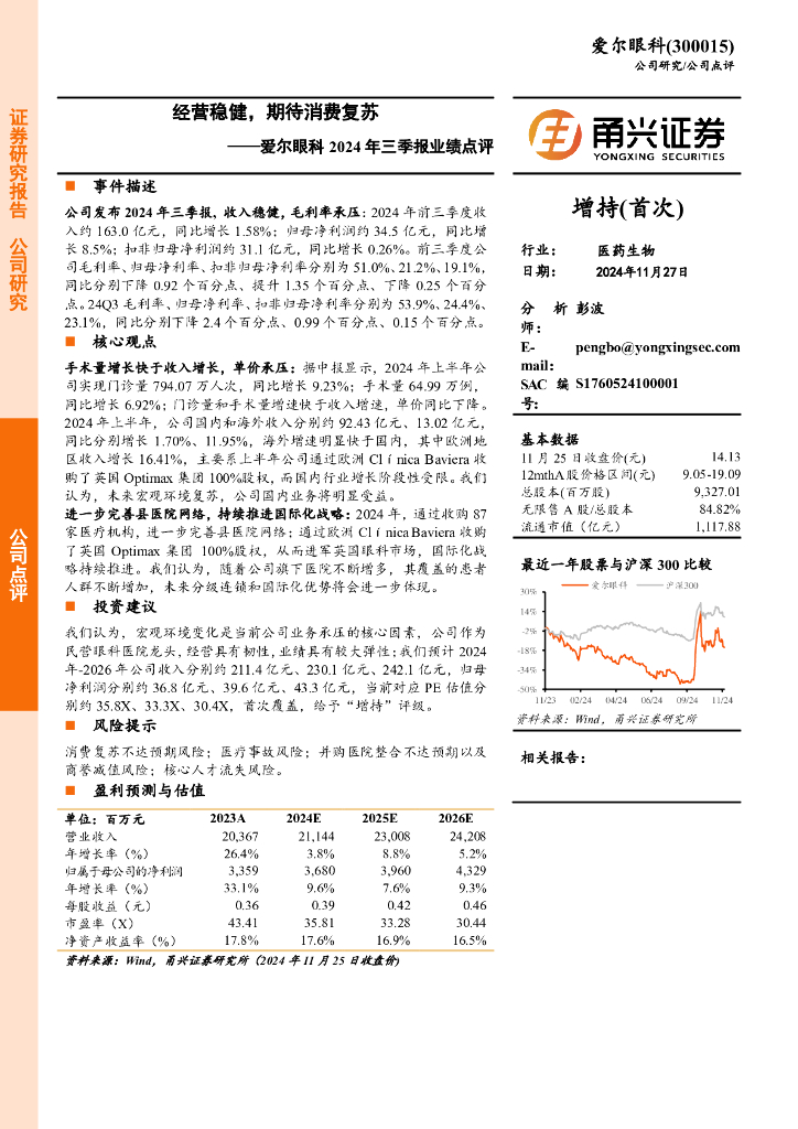 甬兴证券：爱尔眼科2024年三季报业绩点评：经营稳健，期待消费复苏