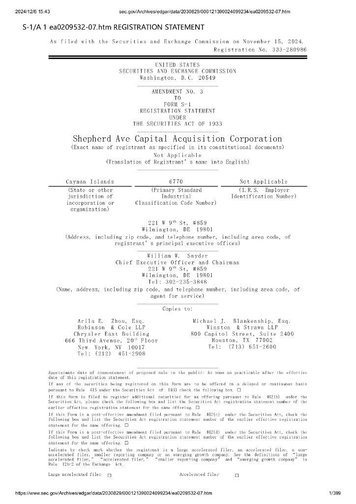 Shepherd Ave Capital Acquisition Corporation美股纳斯达克IPO上市招股说明书