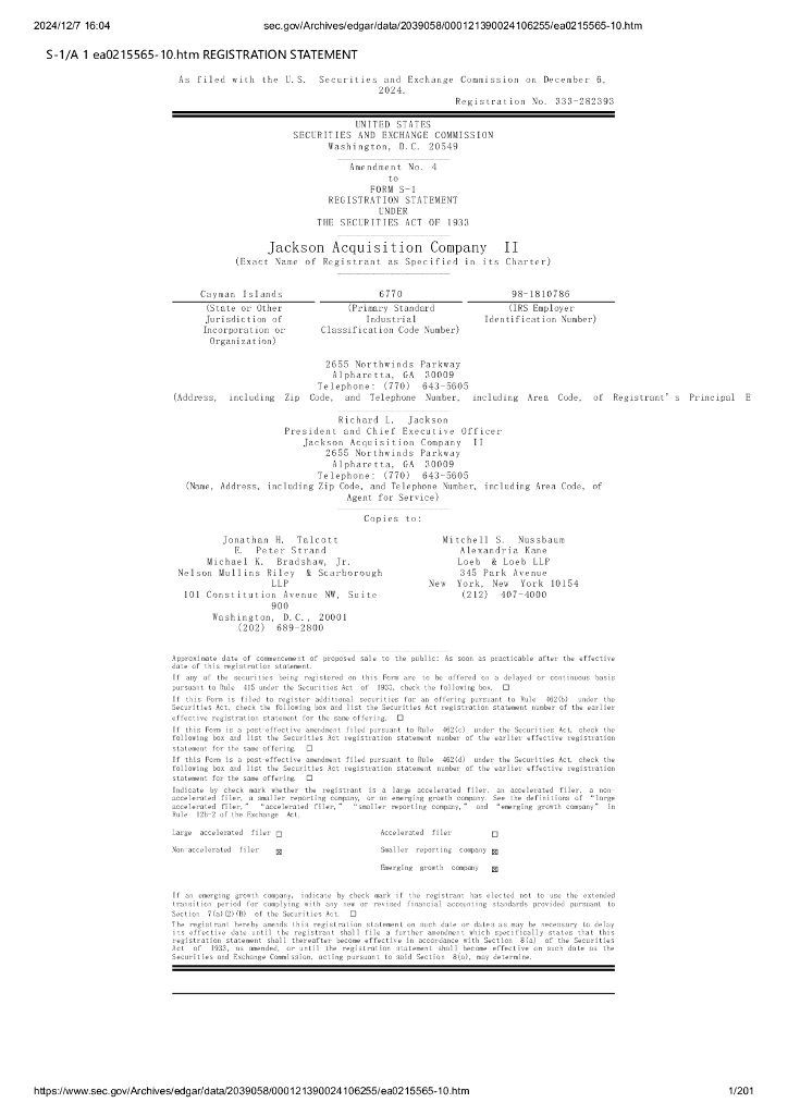 Jackson Acquisition Company II美股纳斯达克IPO上市招股说明书