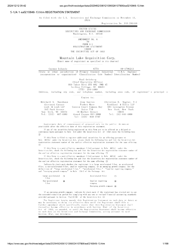 Mountain Lake Acquisition Corp.美股纳斯达克IPO上市招股说明书