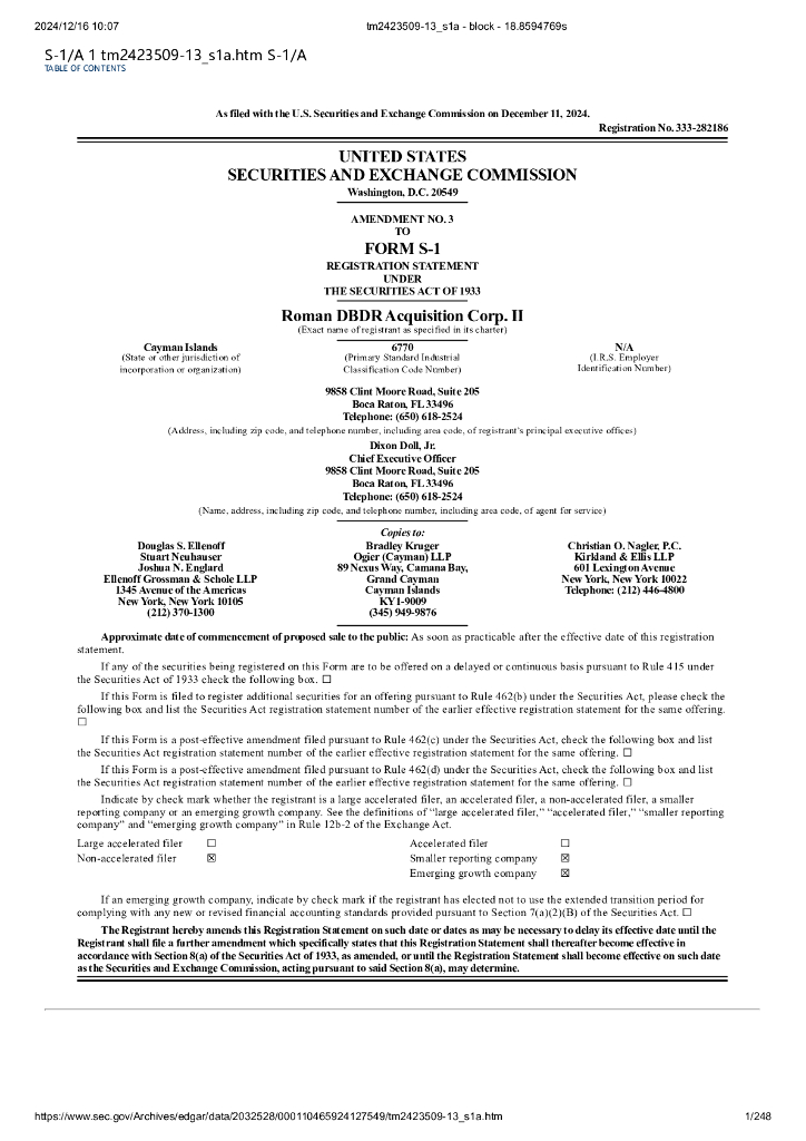 Roman DBDR Acquisition Corp.II美股纳斯达克IPO上市招股说明书