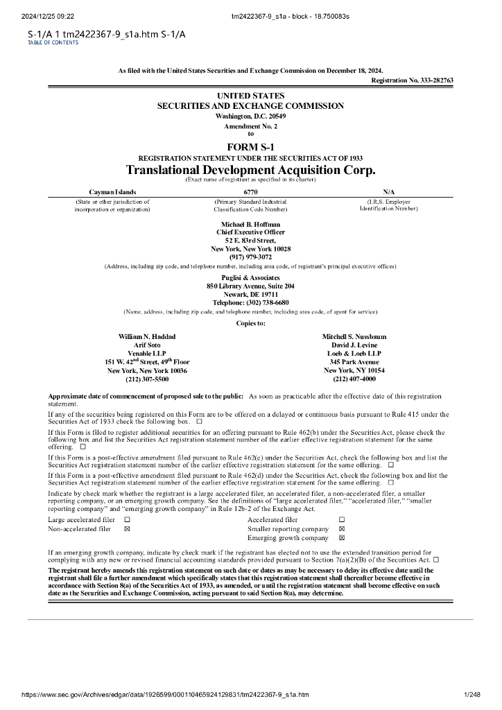 Translational Development Acquisition Corp.美股纳斯达克IPO上市招股说明书