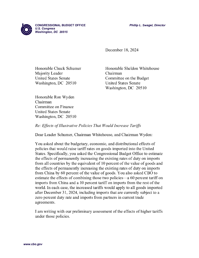 国会预算办公室：提高关税的说明性政策的影响（英文版）