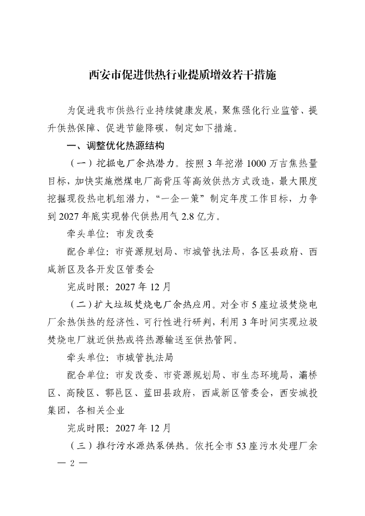 西安市促进供热行业提质增效若干措施