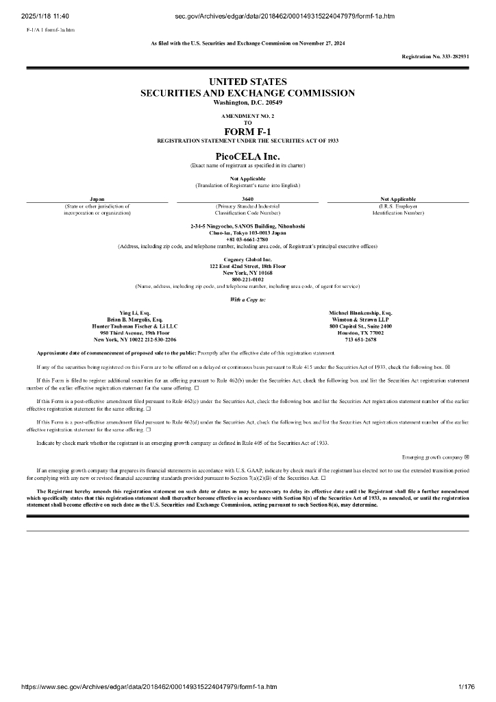 PicoCELA Inc.美股纳斯达克IPO上市招股说明书