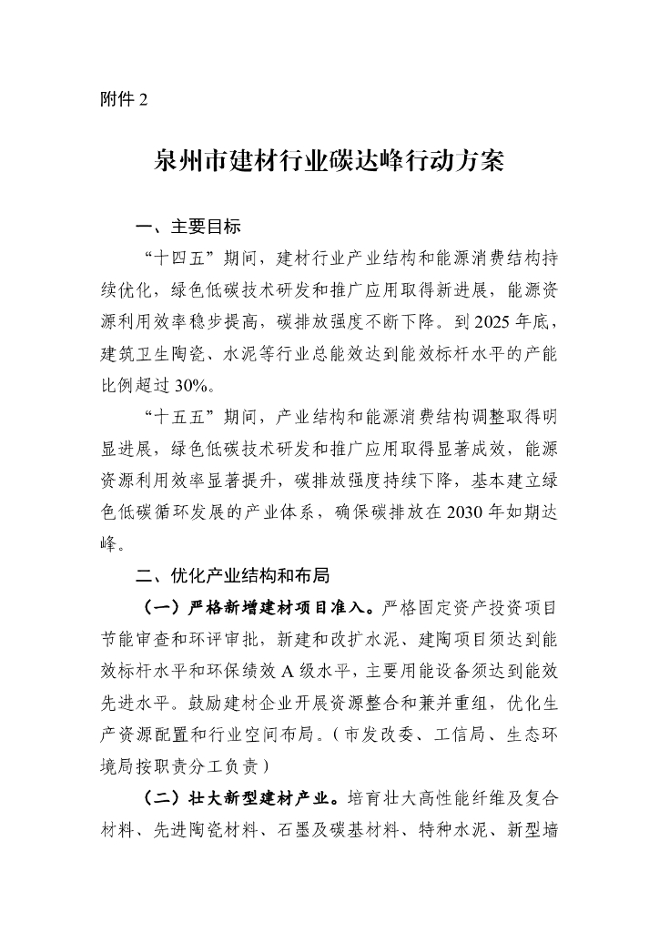 泉州市建材行业碳达峰行动方案