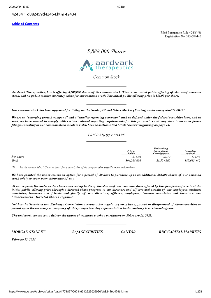 Aardvark Therapeutics，Inc.（AARD）美股纳斯达克IPO上市招股说明书