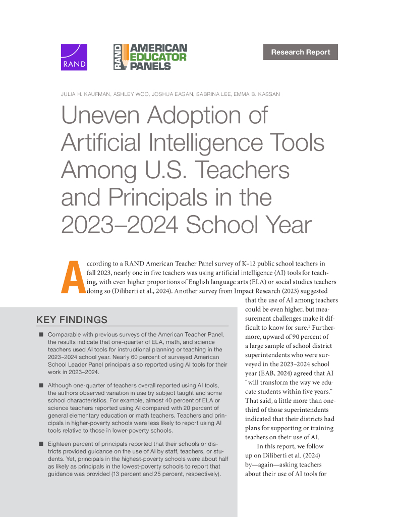 Rand兰德：2023-2024学年美国教师和校长对<em>人工智能</em>工具的采用不均衡报告（英文版） 海报