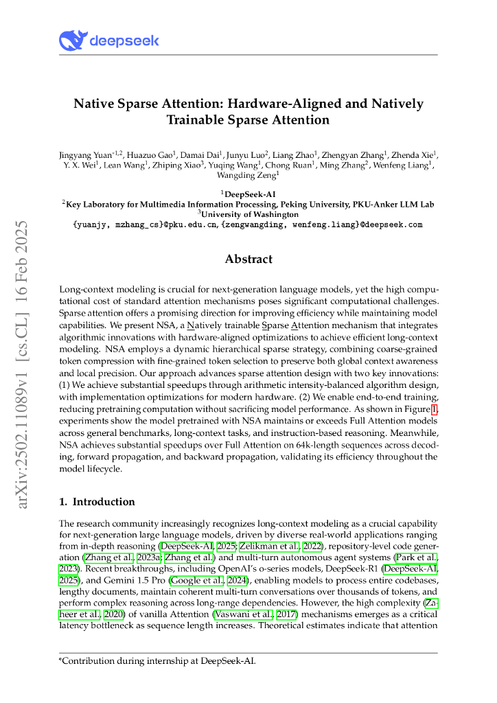 Deepseek：2025年原生稀疏注意力：硬件对齐且可原生训练的稀疏注意力机制技术（英文版）