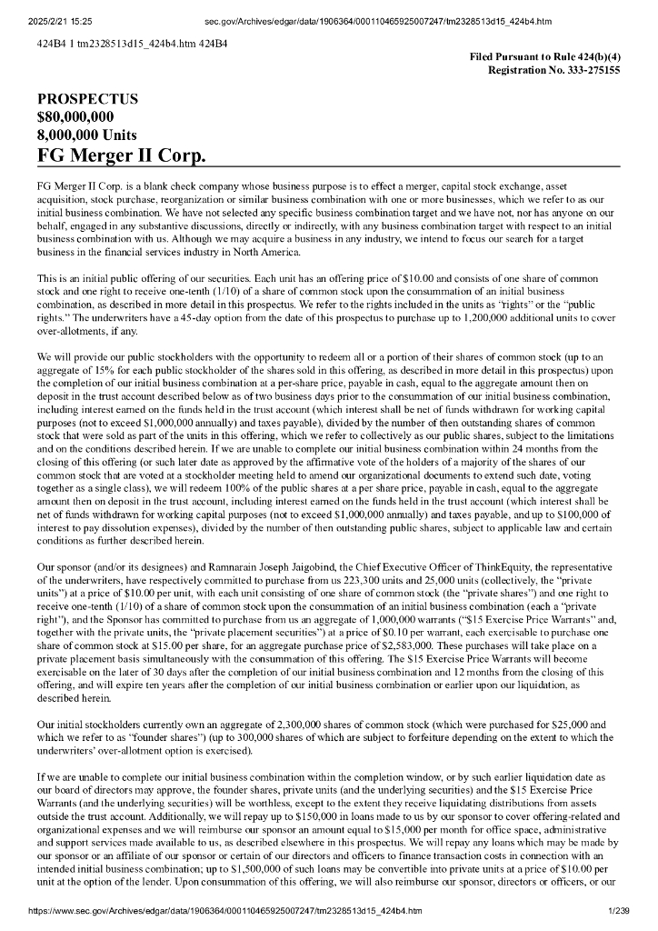 FG Merger II Corp.（FGMC）美股纳斯达克IPO上市招股说明书
