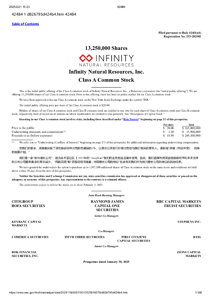 Infinity Natural Resources,Inc.（INR）纽约证券交易所IPO上市招股说明书