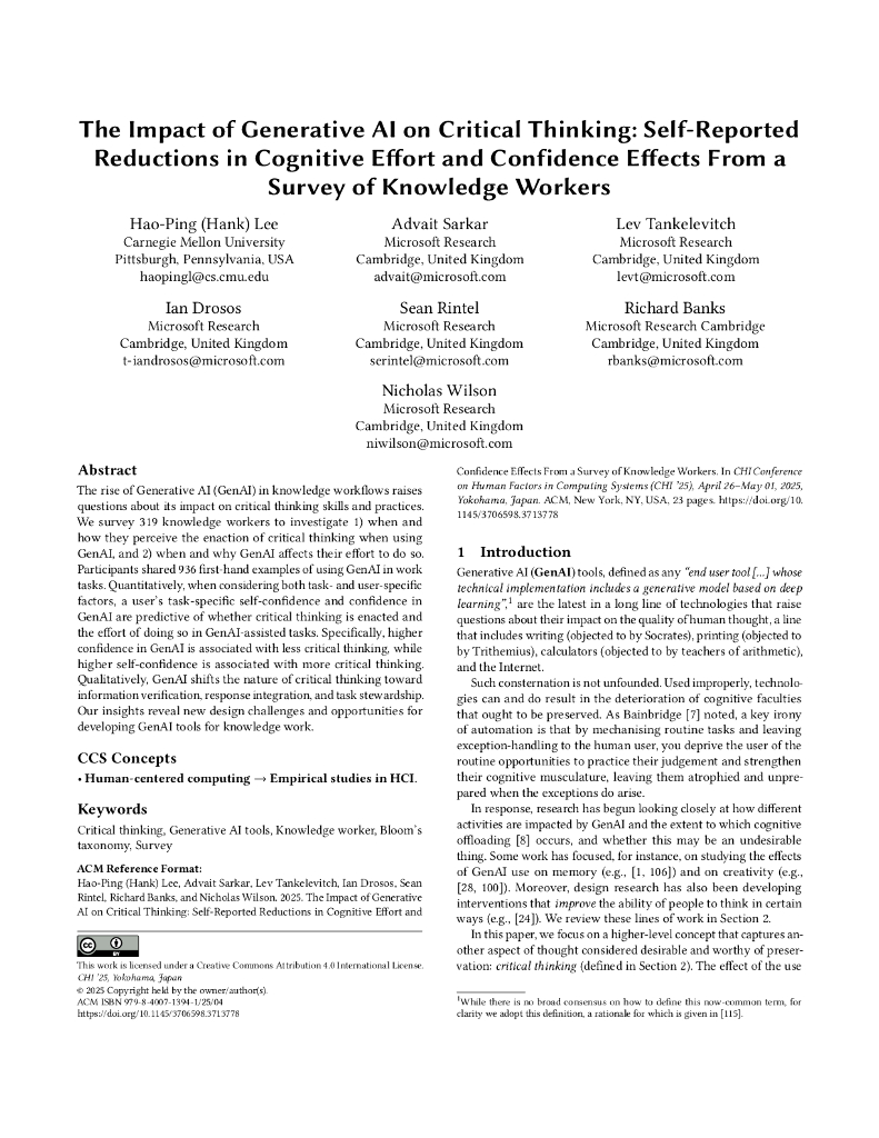 微软&卡内基梅隆大学：生成式人工智能对批判性思维的影响调查（英文版）