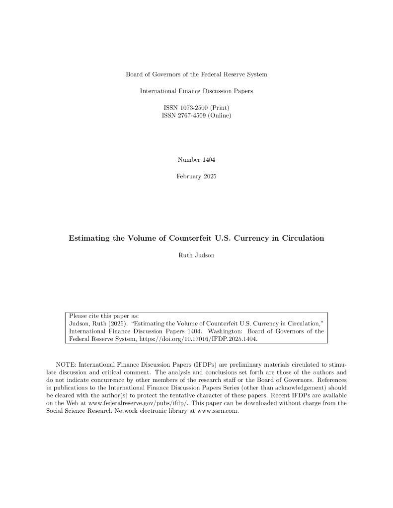 美联储：估算流通中的假冒美国货币数量（英文版）