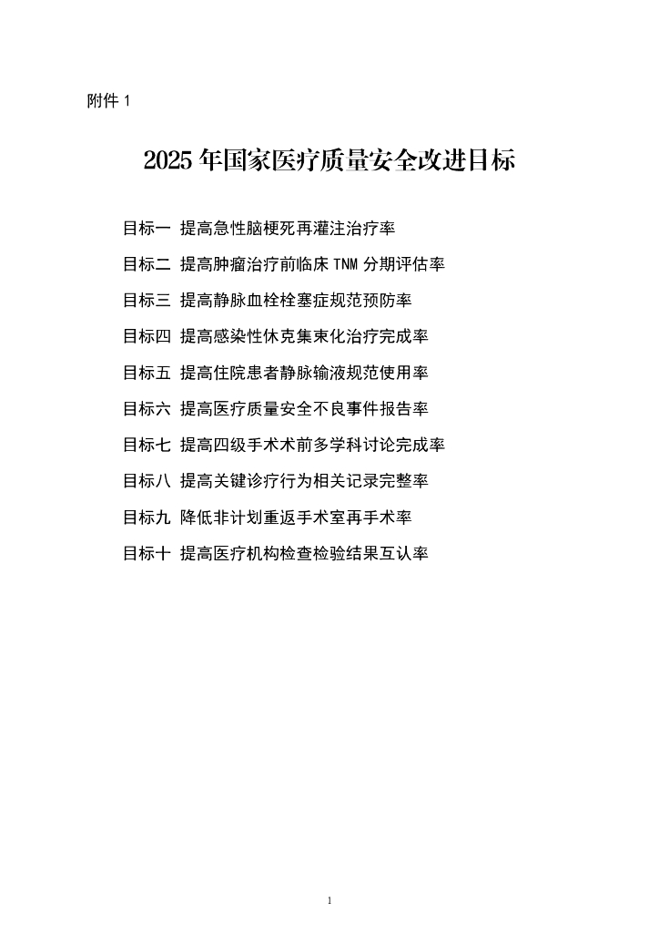 国家卫生健康委办公厅：2025年国家医疗质量安全改进目标