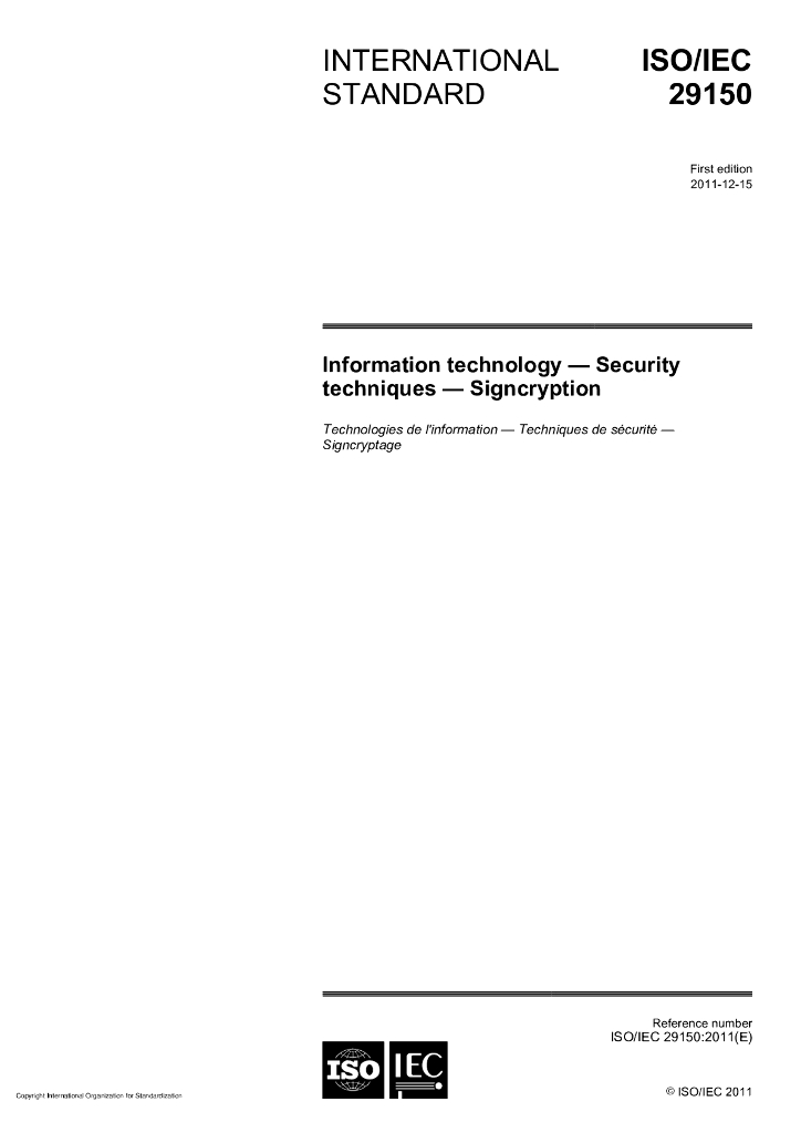 ISO/IEC 29150-2011 信息技术 安全技术 签密