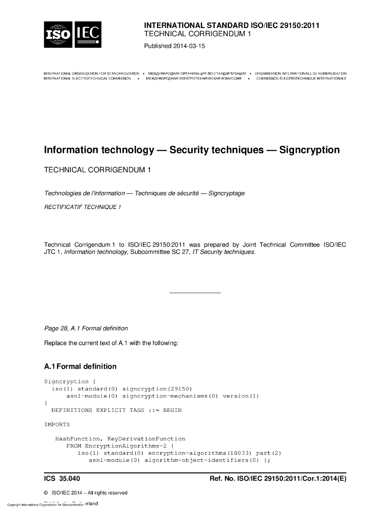 ISO/IEC 29150-2011/Cor 1-2014 勘误表1:信息技术 安全技术 签密