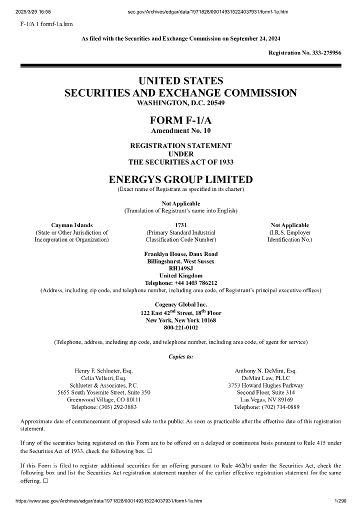 Energys Group Limited美股纳斯达克IPO上市招股说明书