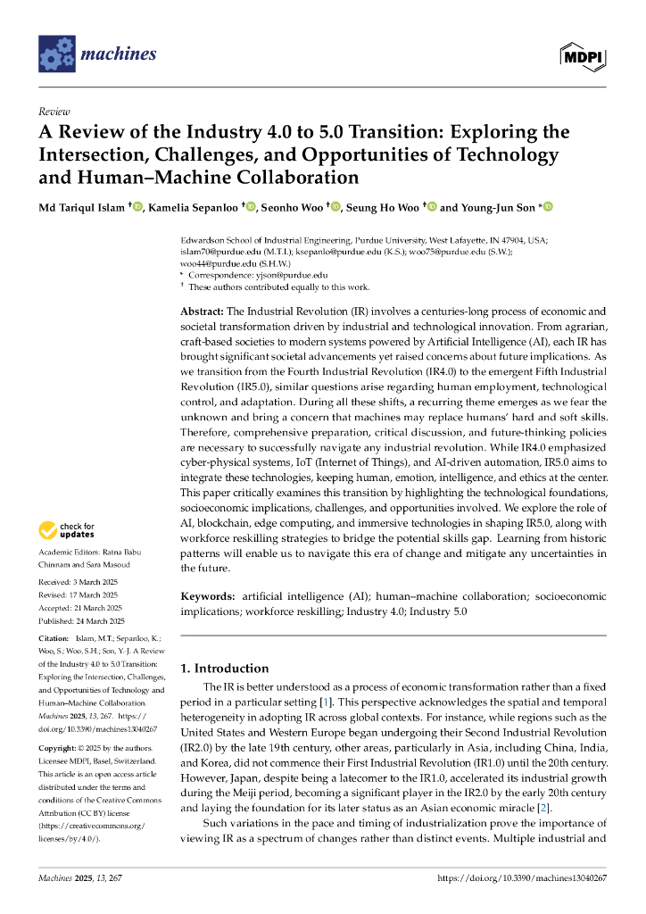 MDPI：工业4.0到工业5.0转型回顾：探索技术与人机协同的交叉、挑战与机遇研究