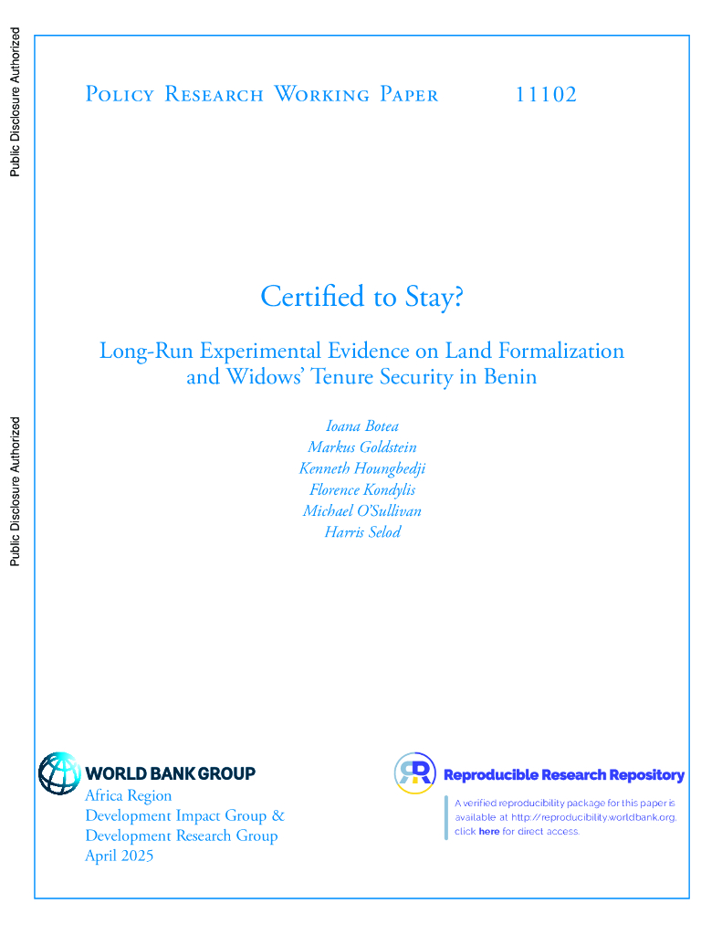 世界银行：认证入住？贝宁土地正规化与寡妇保有权保障的长期实验证据（英文版）