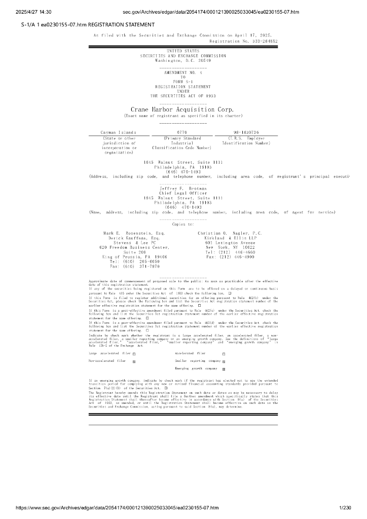 Crane Harbor Acquisition Corp.美股纳斯达克IPO上市招股说明书