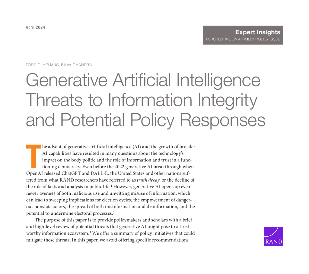 Rand兰德：2024年生成式<em>人工智能</em>对信息完整性的威胁及潜在政策回应报告（英文版） 海报