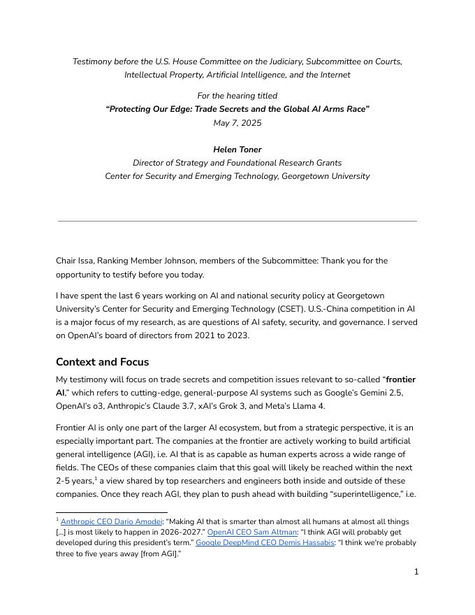 CSET：2025年听证会：“保护我们的优势：贸易机密与全球<em>人工智能</em>军备竞赛”报告（英文版） 海报