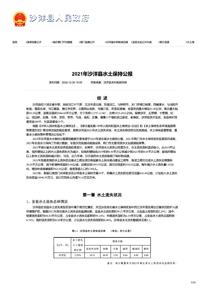 2021年沙洋县水土保持公报