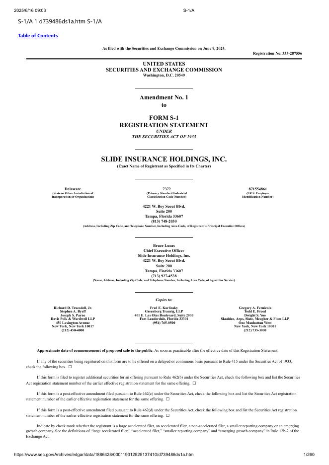 Slide Insurance Holdings,Inc.美股纳斯达克IPO上市招股说明书