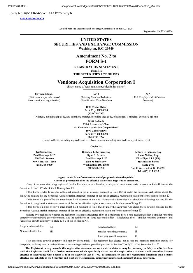 Vendome Acquisition Corporation I美股纳斯达克IPO上市招股说明书