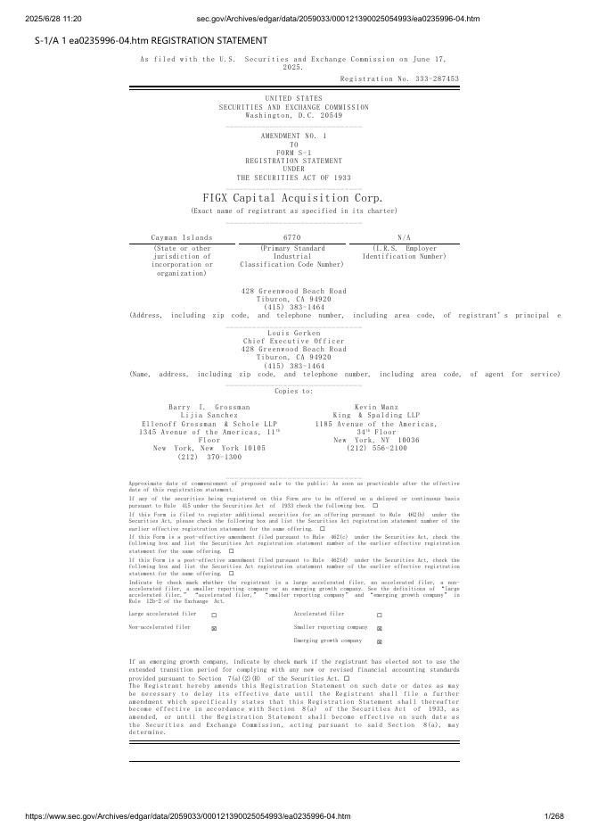 FIGX Capital Acquisition Corp.美股纳斯达克IPO上市招股说明书