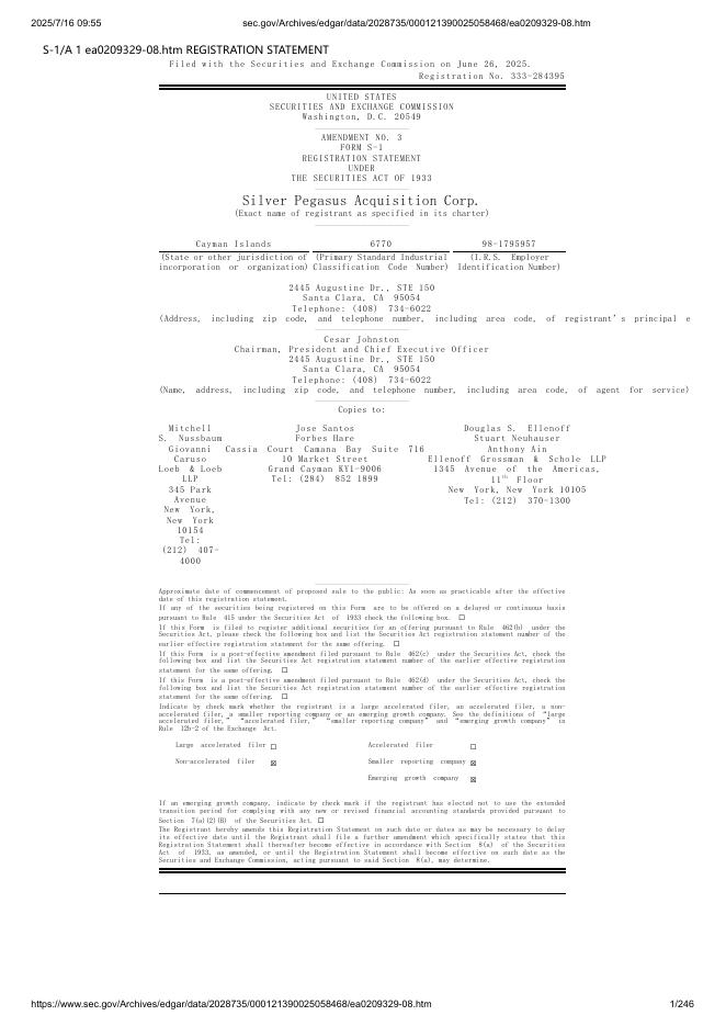 Silver Pegasus Acquisition Corp.美股纳斯达克IPO上市招股说明书